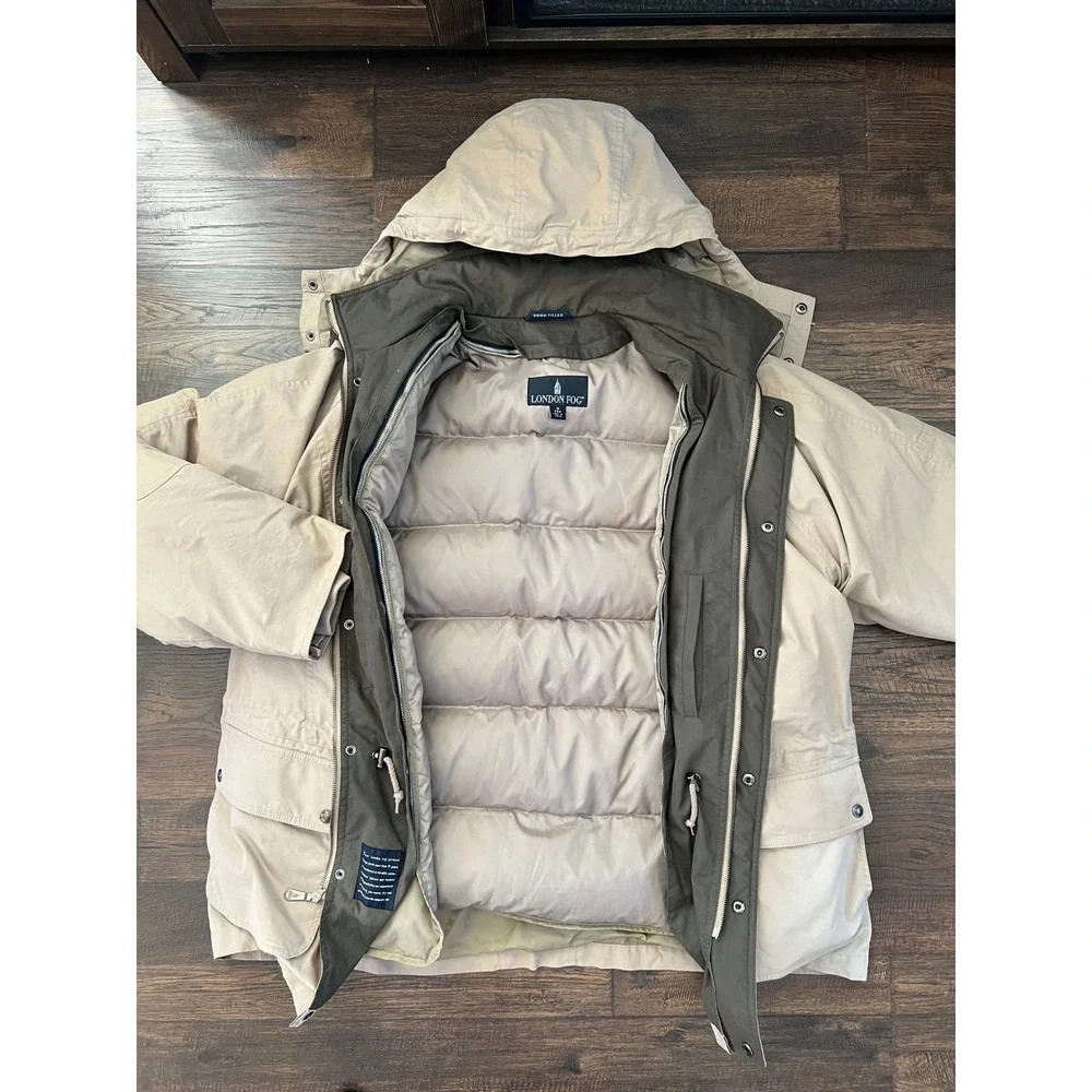 Vintage London Fog Mens Tan Down Filled Parka Hooded Coat Medium removable liner